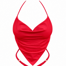 Load image into Gallery viewer, A bright red halter bikini top with a sweetheart neckline and a draped, ruched front, featuring thin shoulder straps and a triangular waist tie detail with small gold-tone hardware, shown on a plain white background.
